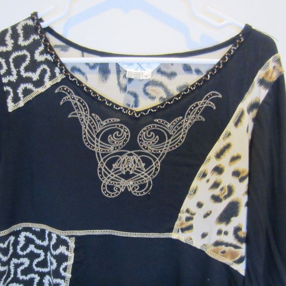 Studio X womens hand made beaded leopard animal print top-Sz M - Picture 2 of 7